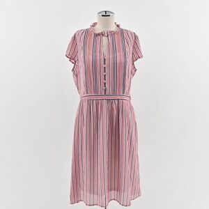 Modcloth‎ Striped Button Front Midi Dress Size L Ruffle Nautical Retro Red Blue